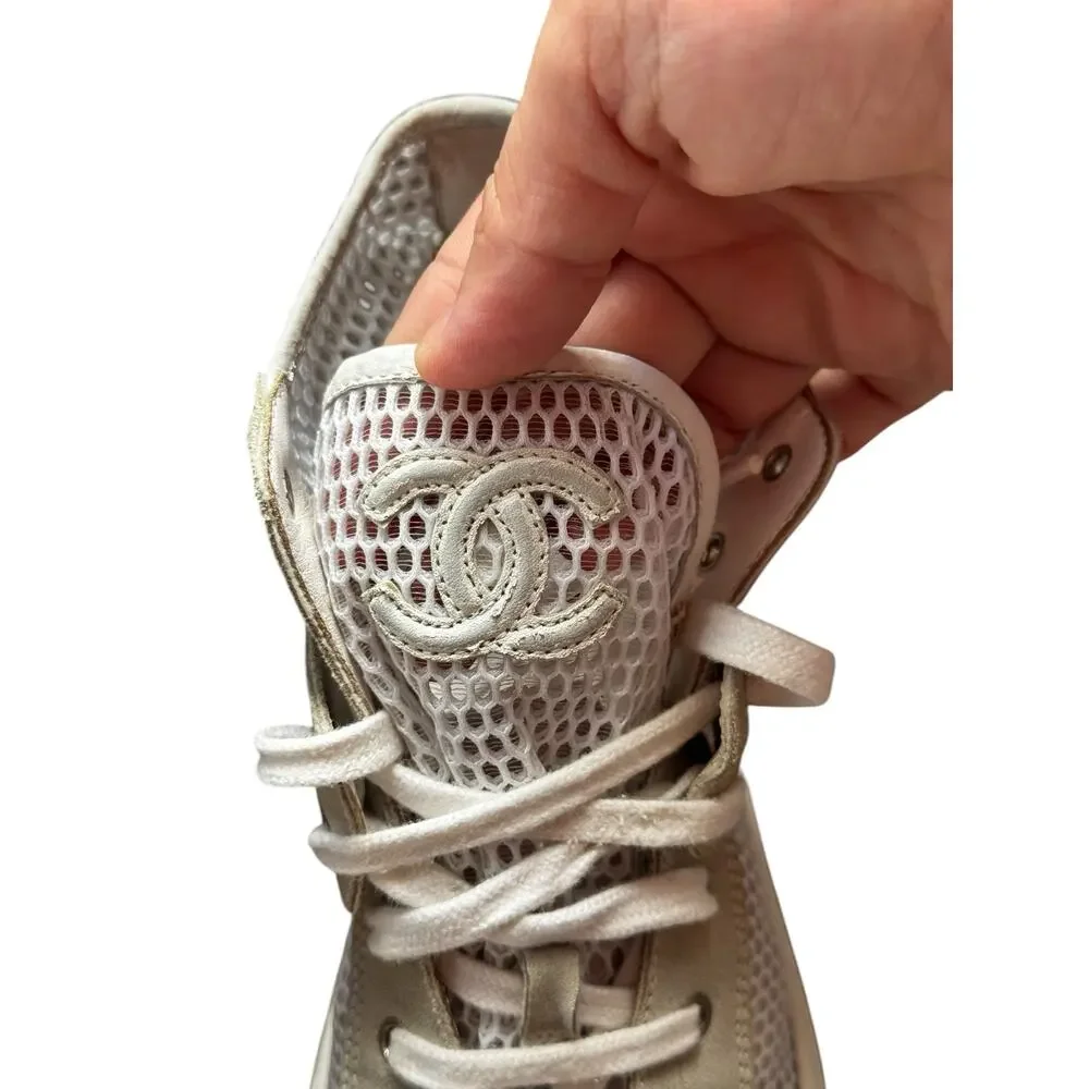 Chanel CC Logo White Mesh Suede High Top Sneakers Made in Italy